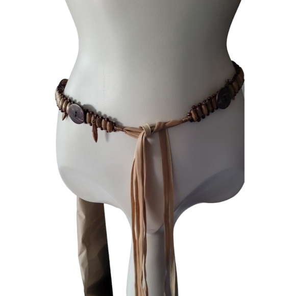 Hand Beaded Tie Belt with Wood Beads Vintage Hippie Boho Lagon Look main image 7